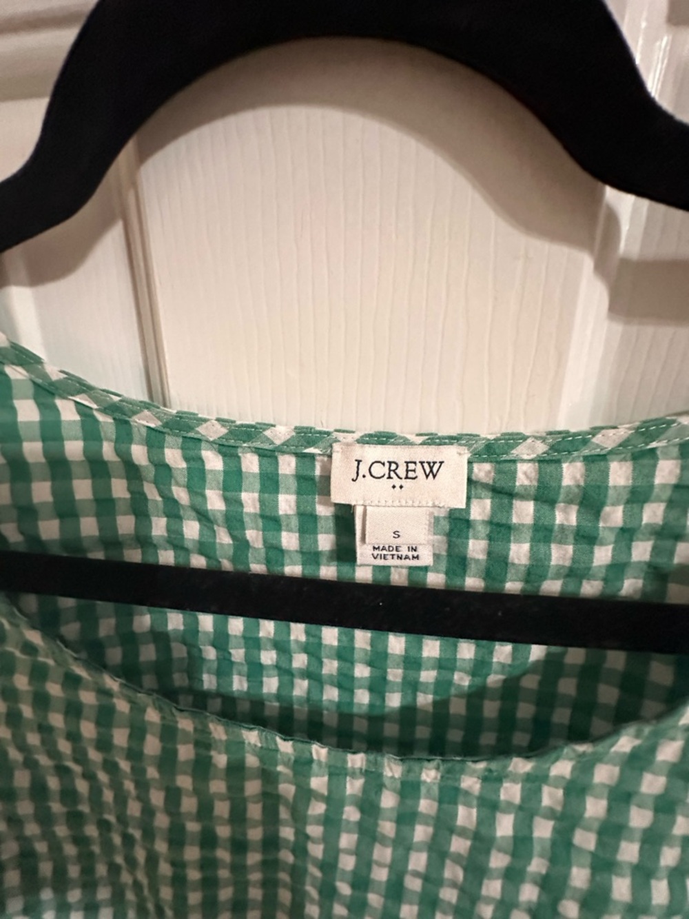 J.Crew Seersucker Gingham Peasant Top In Green And White Size Small - Picture 4 of 6